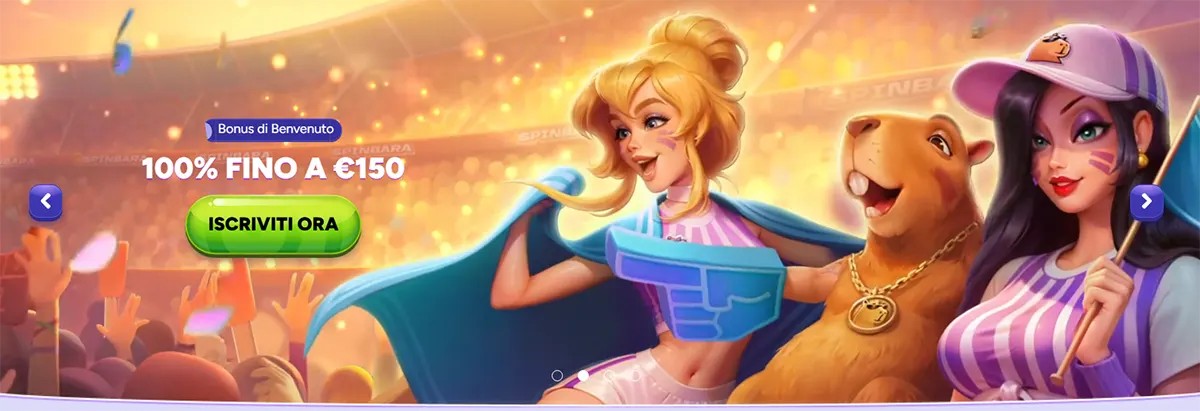 Welcome bonus banner with a cheering stadium crowd, a blonde fan and brunette in a cap beside a smiling bear mascot, showing “100% fino a €150” and an “Iscriviti ora” button.
