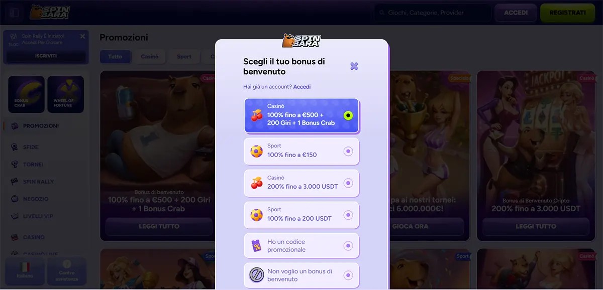 Spinbara promotions page with an Italian “Scegli il tuo bonus di benvenuto” pop-up listing welcome bonus options, including a selected casino offer “100% fino a €500 + 200 giri + 1 Bonus Crab,” plus sport and USDT bonus choices in a vertical list.