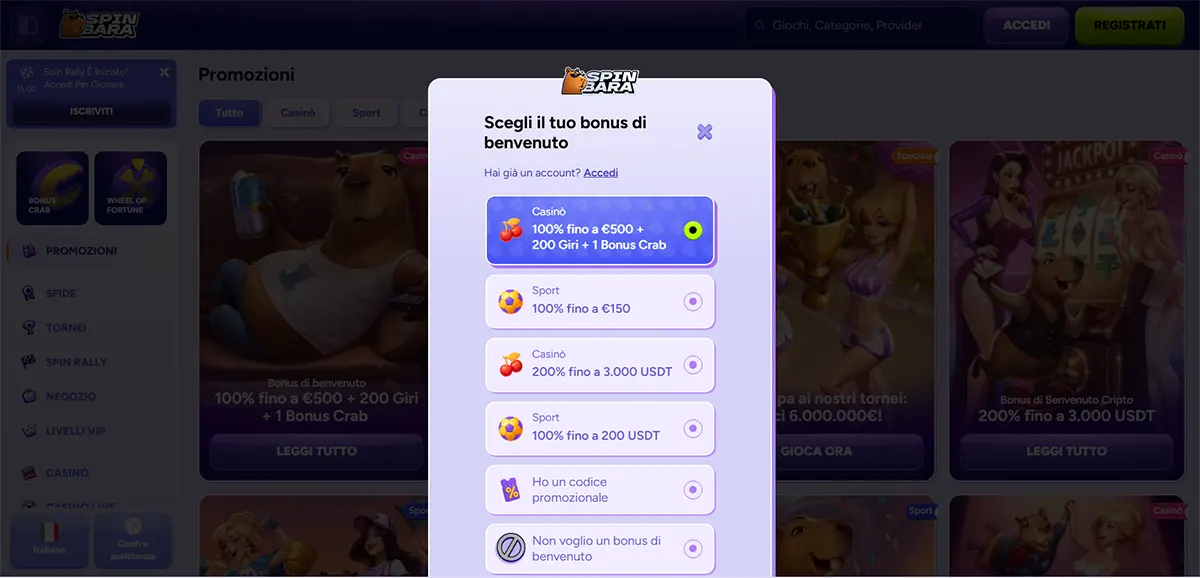 Spinbara promotions page with an Italian “Scegli il tuo bonus di benvenuto” pop-up listing welcome bonus options, including a selected casino offer “100% fino a €500 + 200 giri + 1 Bonus Crab,” plus sport and USDT bonus choices in a vertical list.